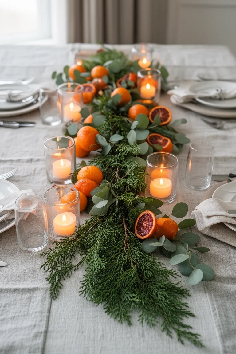Evergreen and citrus winter centerpiece with cedar, oranges and tea lights