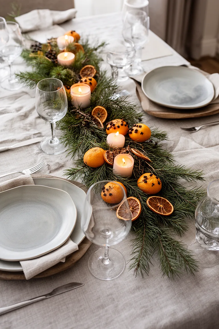 Overhead evergreen centerpiece with dried orange slices and pomander oranges