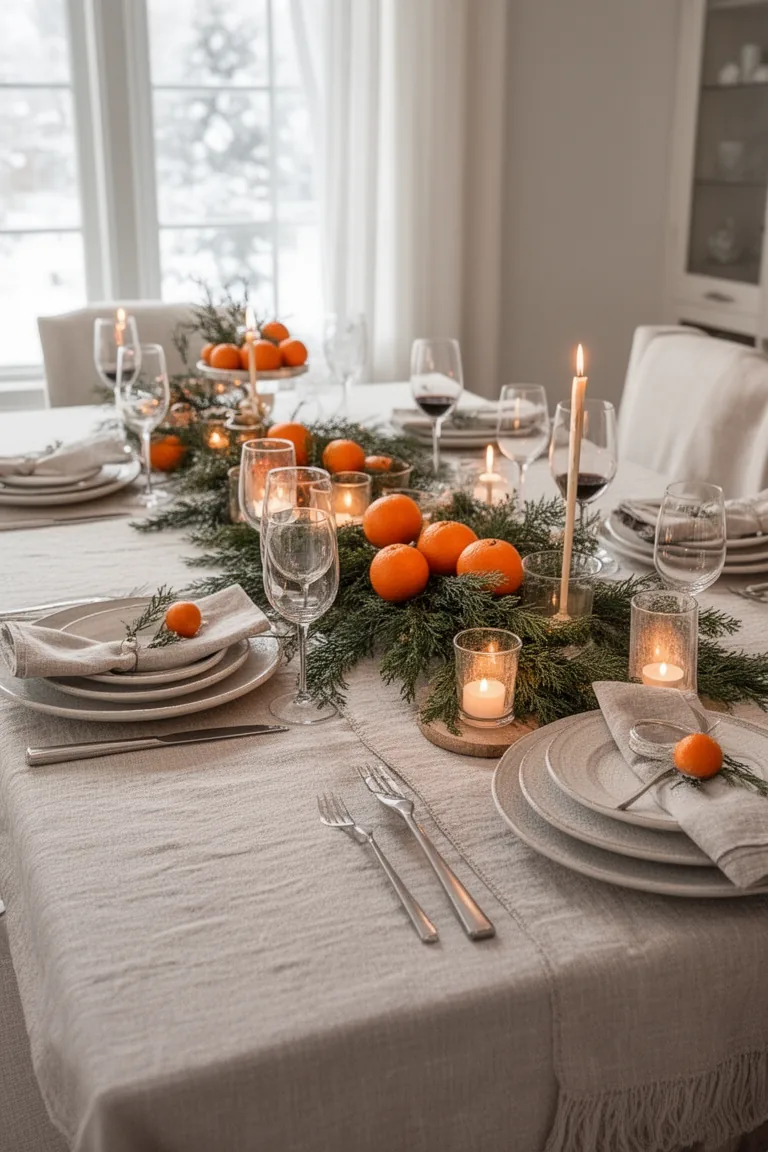 Casual cedar garland runner with oranges and votives