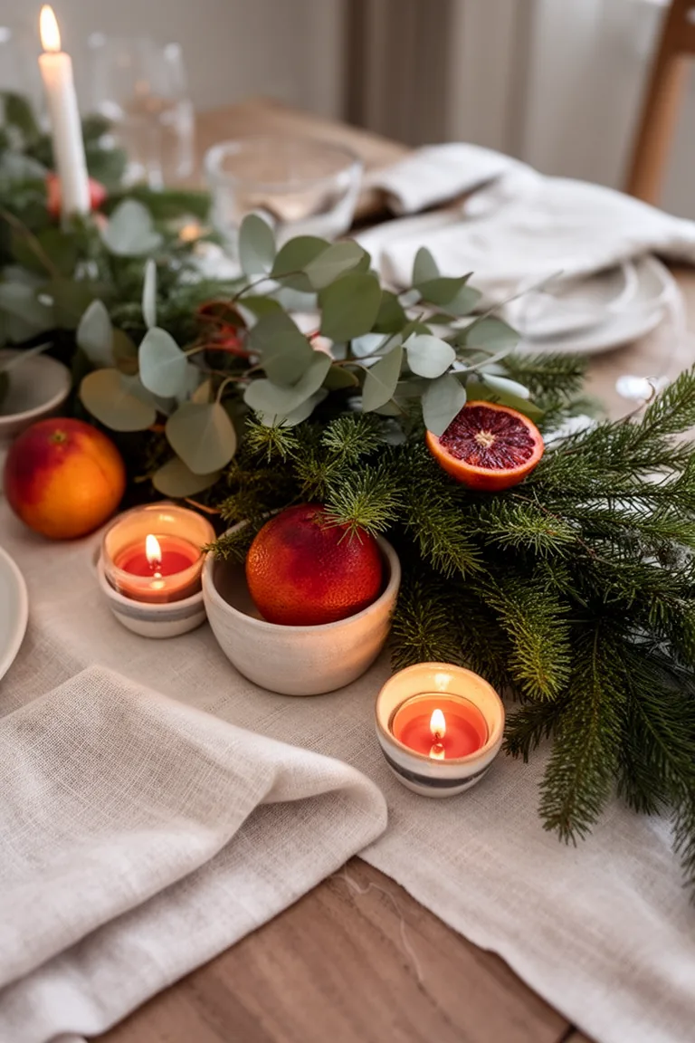 Close up of greenery, blood oranges and tea lights on wood