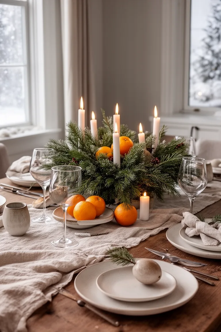 Fresh evergreen and citrus centerpiece in soft candlelight