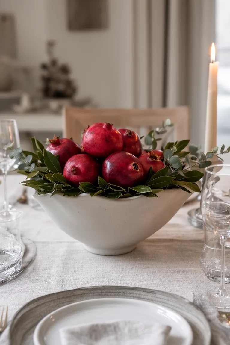 Matte ceramic bowl of pomegranates on bay leaves and eucalyptus