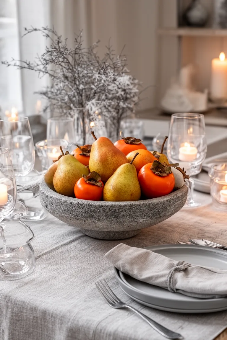 Stone bowl of pears and persimmons as a winter centerpiece