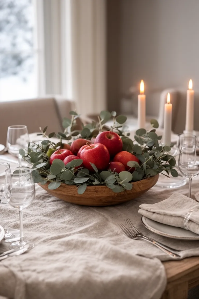 Wood bowl of red apples nestled in eucalyptus