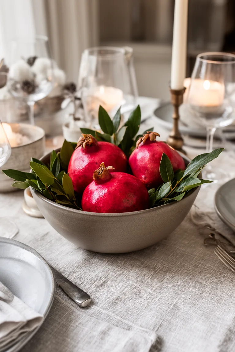 Close up of pomegranates in a matte bowl with bay leaves