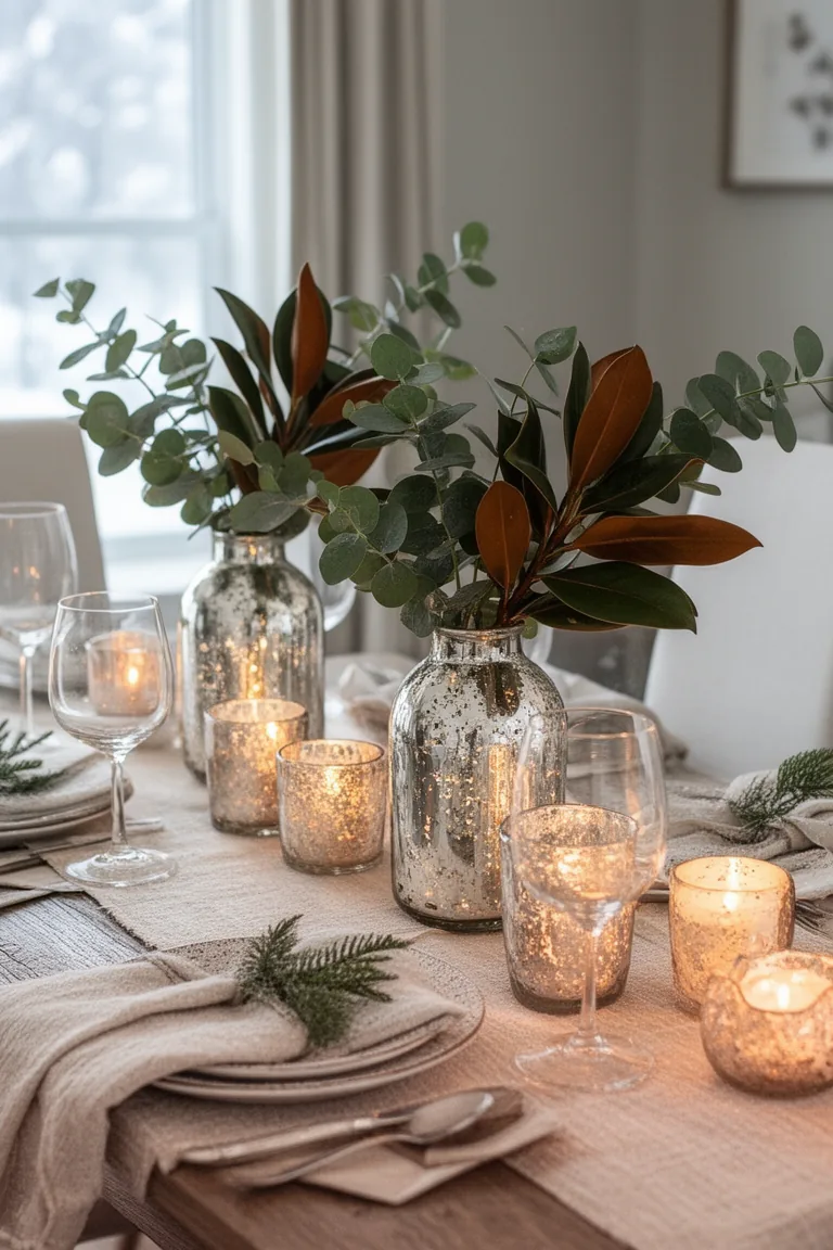 Mercury glass votives and bud vases with eucalyptus and magnolia