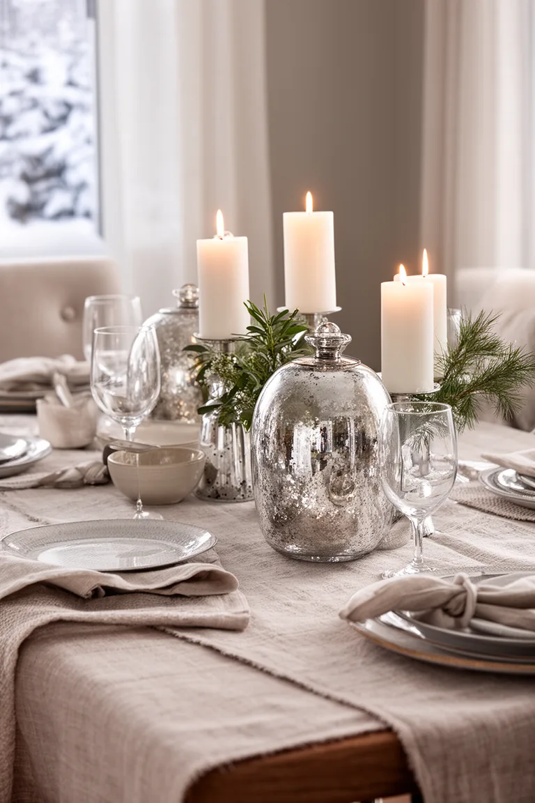 Understated mercury glass centerpiece with white candles
