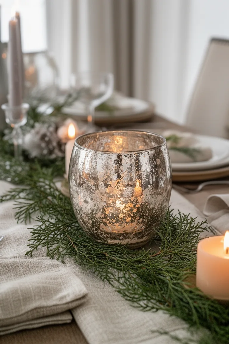 Close up of mercury glass catching candlelight with greenery