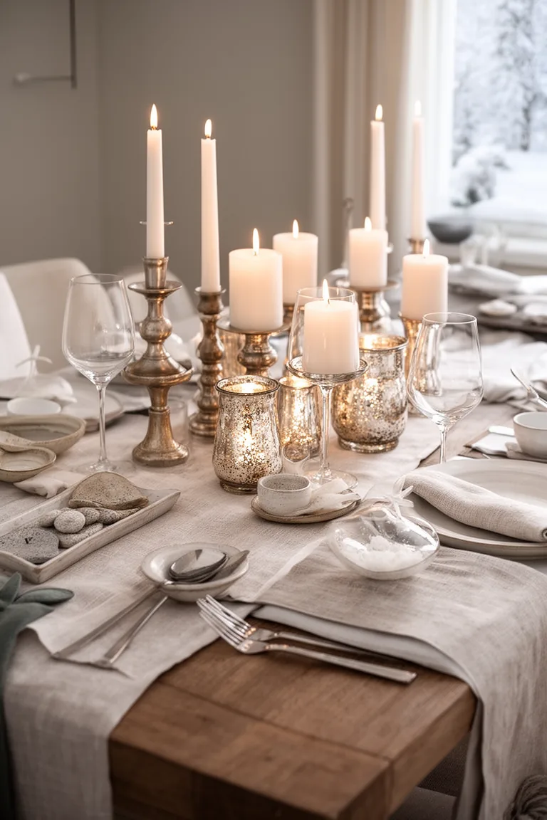 Layered mercury glass and metal centerpiece on a runner