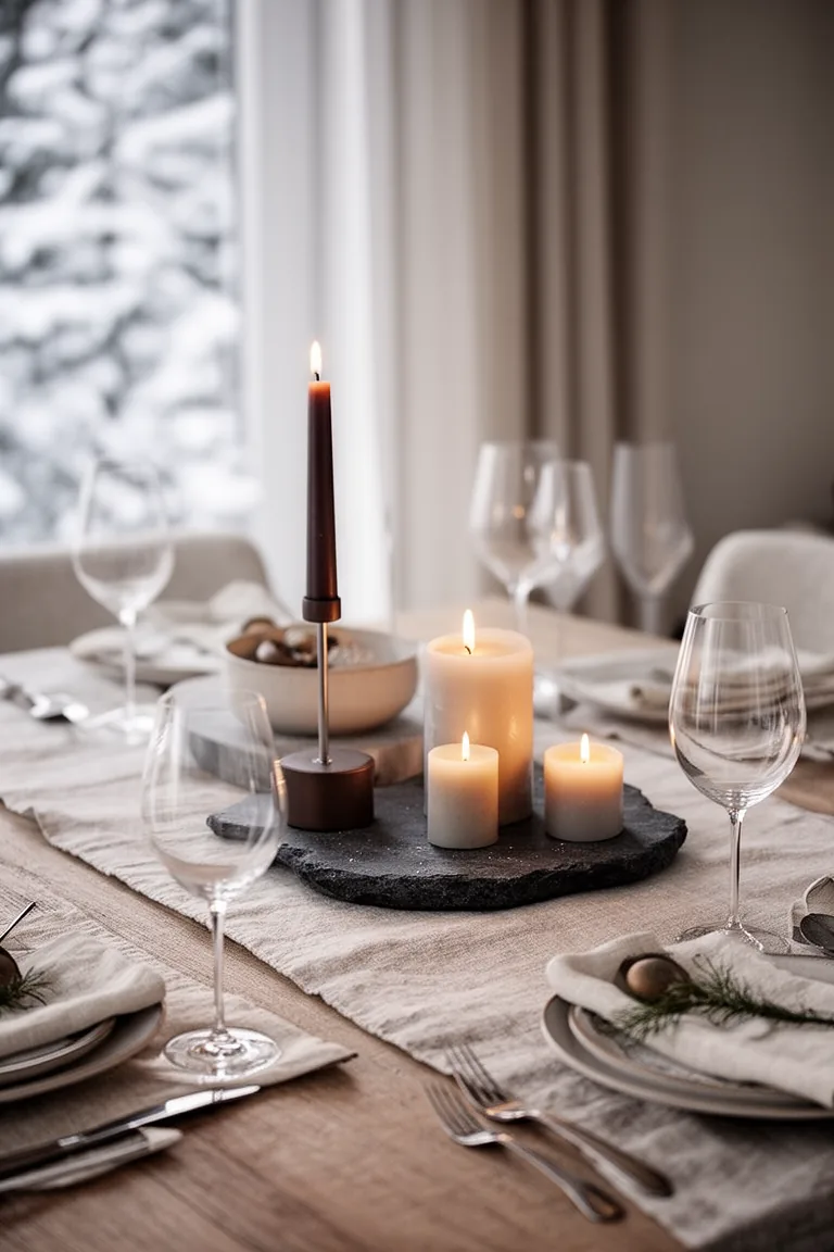 Moody candle cluster with mixed heights on a dark stone slab