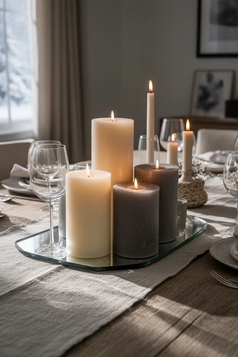 Staggered ivory and gray candles on a mirrored tray