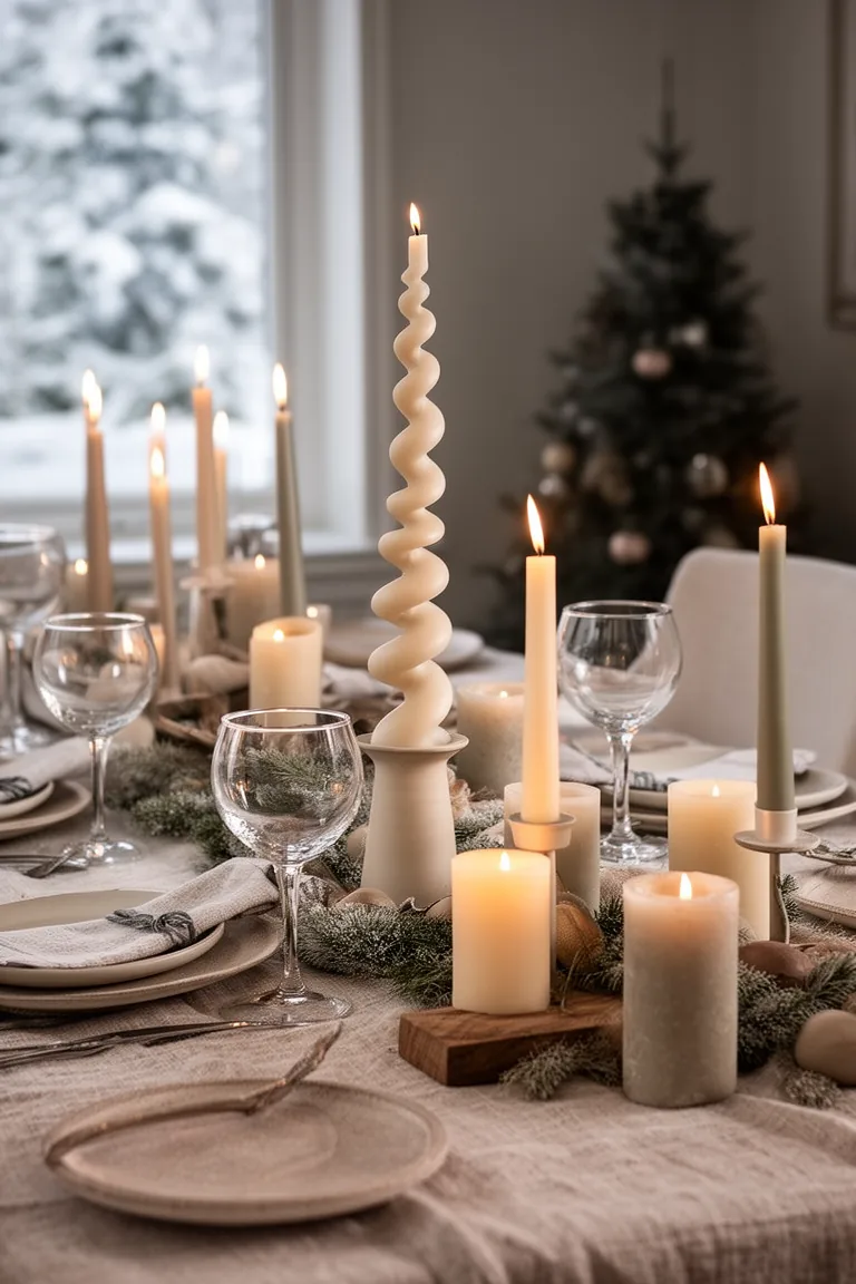 Sculptural twist candle among pillars and tapers