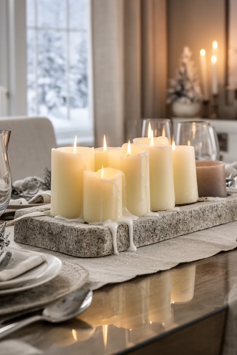 Ivory candle-only centerpiece on a stone tray