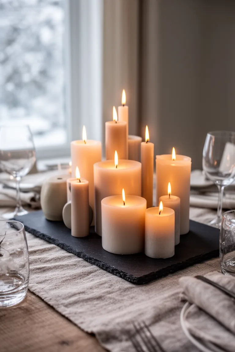 Cozy glowing candle cluster on a dark slab