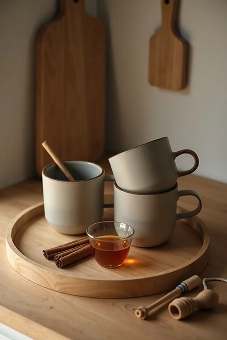 Cozy kitchen beverage station on a wood tray with canisters and stoneware mugs