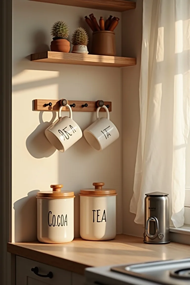 Hot-drink corner with labeled canisters, mugs on a rail and a milk frother