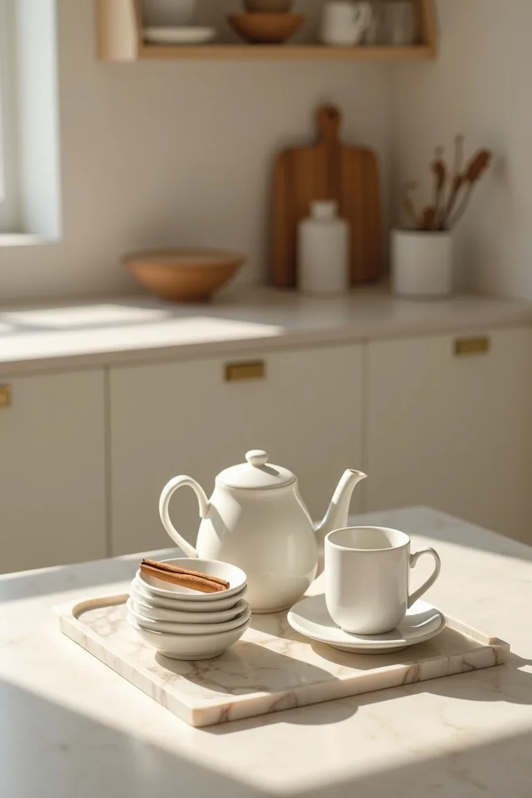 Marble tray beverage station with a teapot and a jar of cinnamon sticks