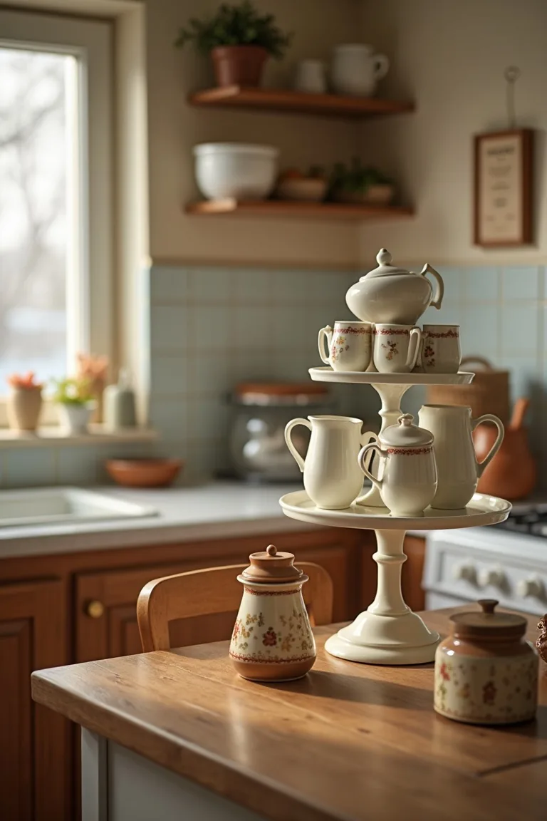 Vintage cake stand holding mugs, a honey jar and tea tins