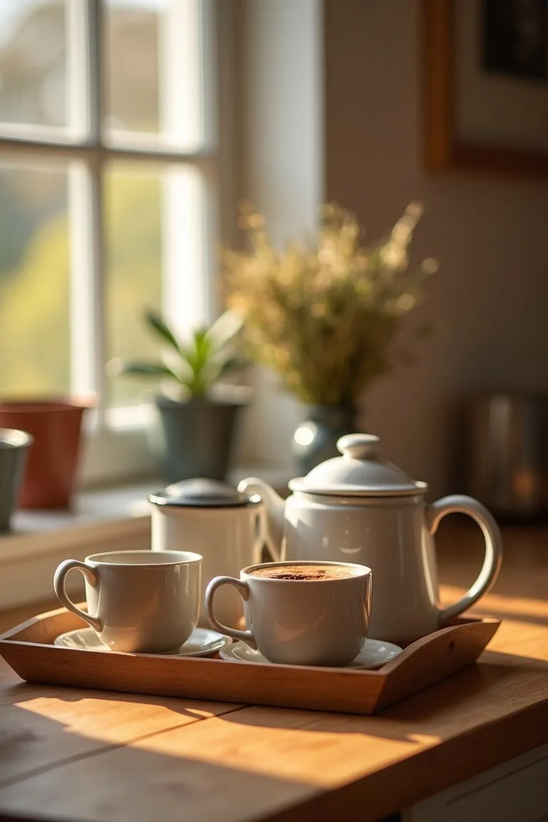 Cozy coffee bar nook with stoneware mugs, a kettle and a wooden tray