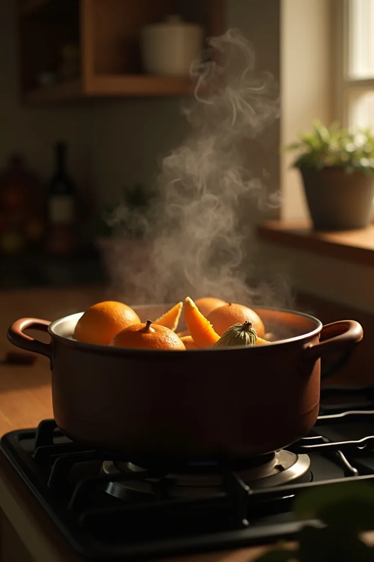 Stovetop simmer pot of orange peels, cinnamon and cloves releasing gentle steam