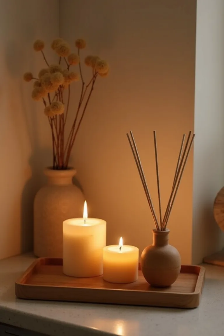 Beeswax candle and reed diffuser on a wooden tray in a calm kitchen corner