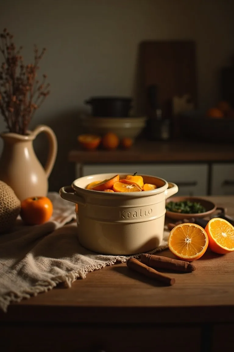 Simmering citrus and spices beside a stoneware crock in a cozy kitchen