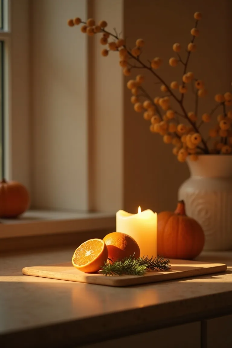 Candle, dried orange slices and a sprig of cedar on a warm kitchen counter