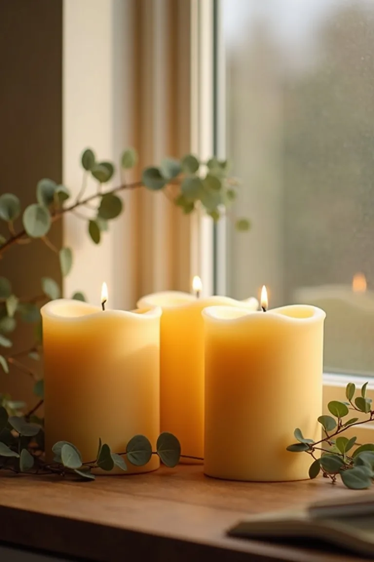 Beeswax pillar candles clustered near a window with eucalyptus