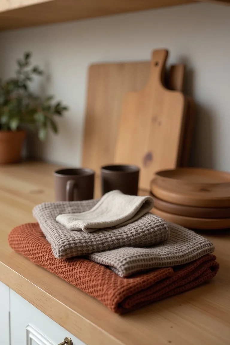 Layered winter kitchen textiles in taupe and rust with stoneware mugs on a wood counter