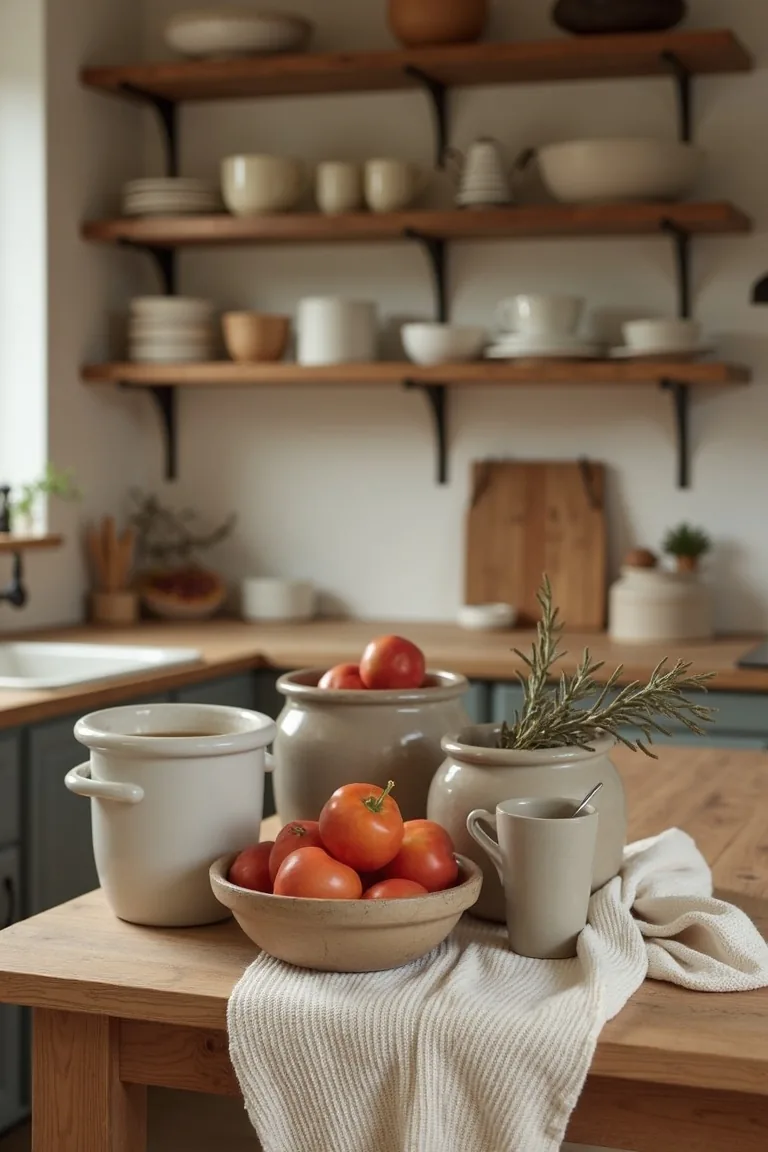 Cozy kitchen corner with a wool runner, matte crocks and ribbed linen towels