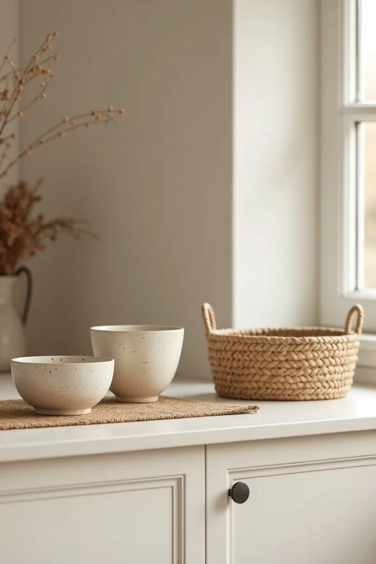 Jute runner, speckled stoneware bowls and a seagrass basket on a calm kitchen counter