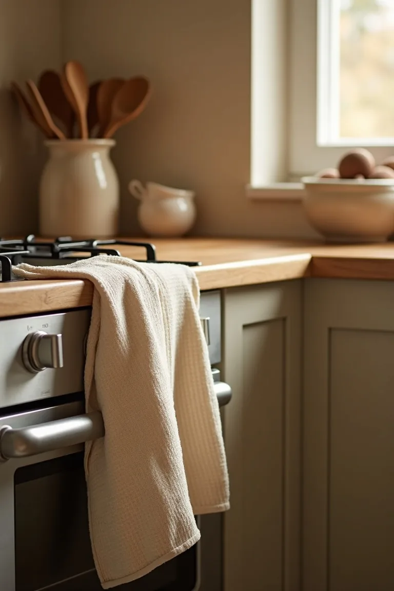 Waffle towel draped over an oven handle beside a stoneware utensil crock