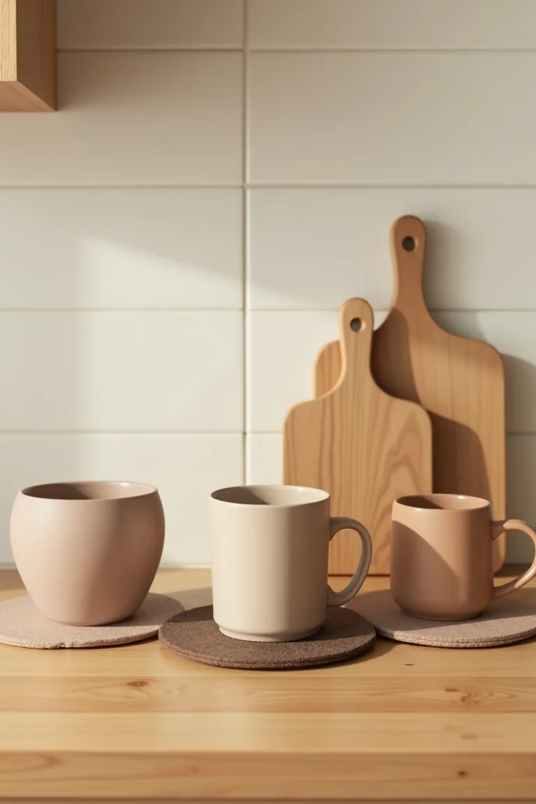 Felt pot pads, matte mugs and wood boards against a soft-white backsplash
