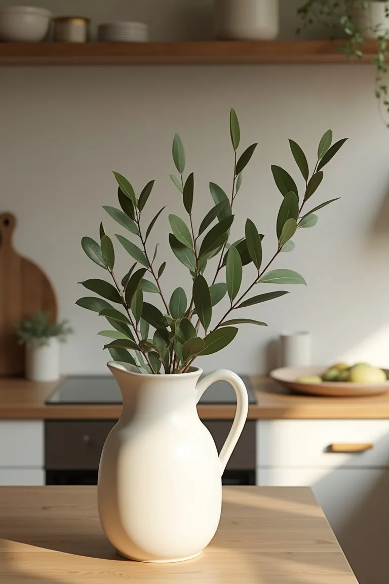 Eucalyptus and olive branches in a matte ceramic pitcher on a kitchen island