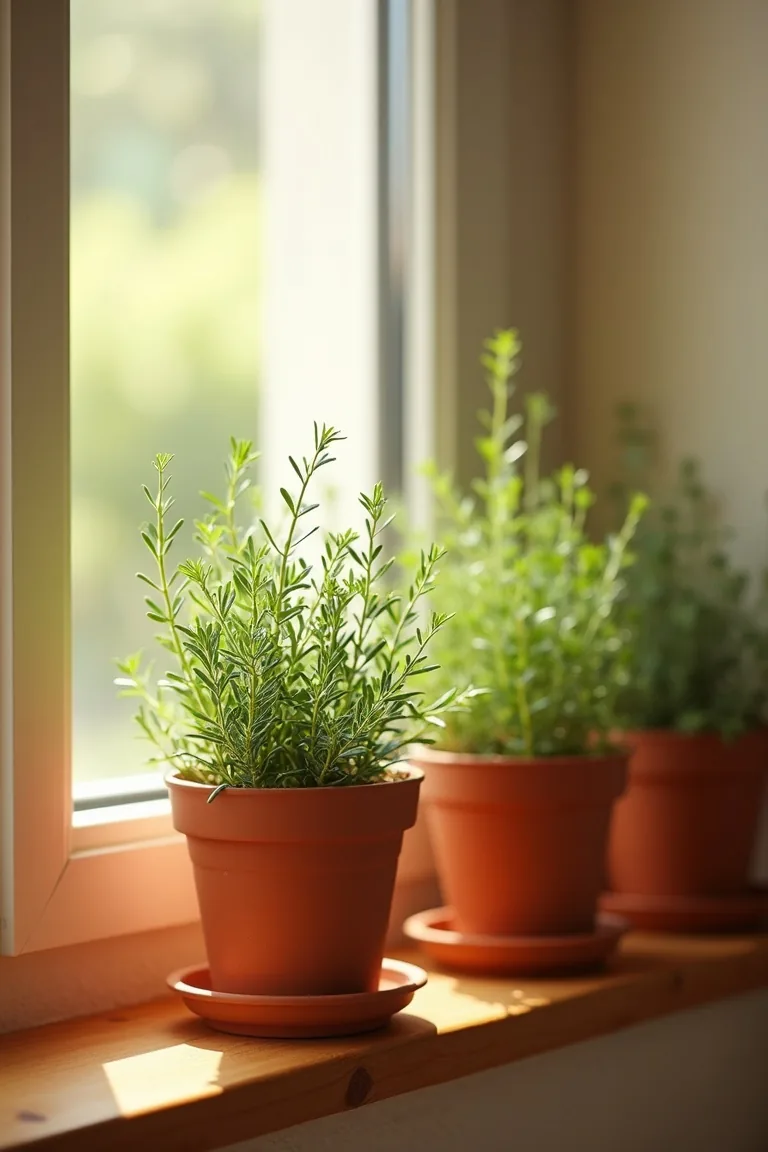Rosemary and thyme in terracotta pots on a sunny kitchen windowsill