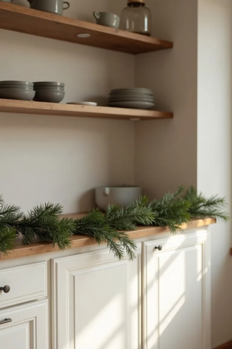 Short cedar garland draped along an open kitchen shelf with matte ceramics