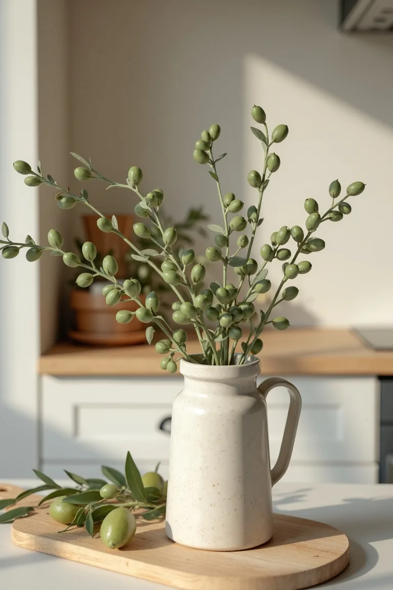 Loose olive branches in a stoneware jug beside a wooden board