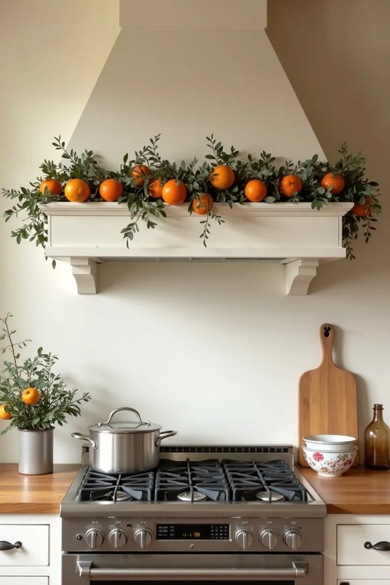 Dried citrus garland and faux eucalyptus along a range hood