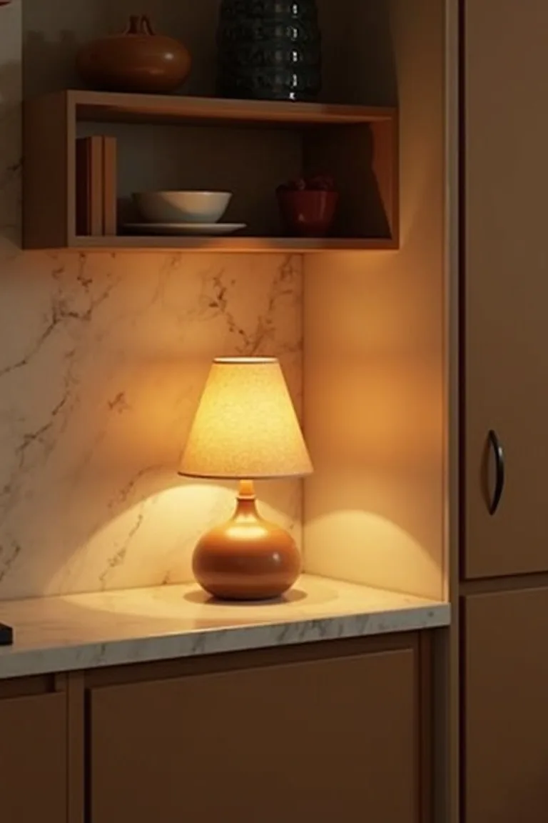 Small linen-shade lamp on an open shelf glowing warm against a marble backsplash