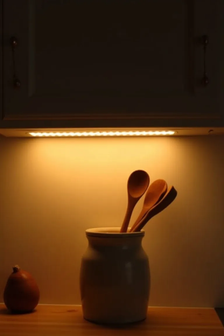 Under-cabinet warm lighting over a stoneware crock and wooden spoons