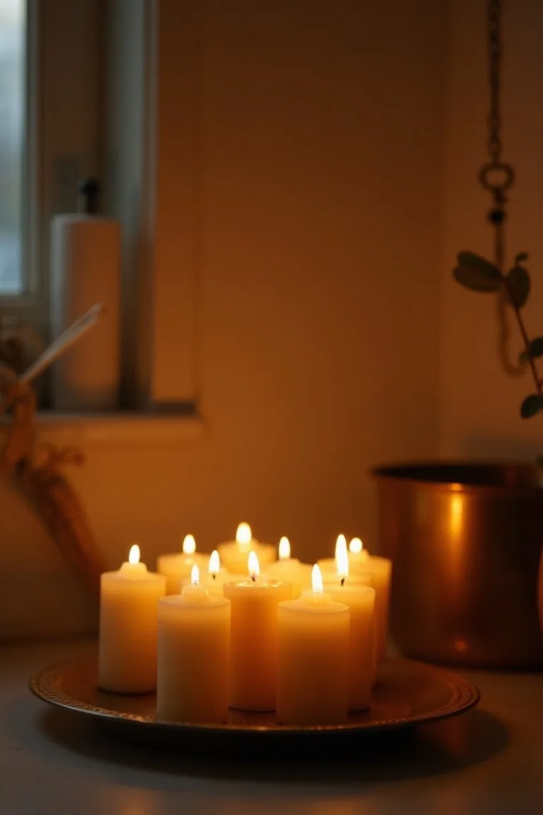 Battery taper candles on a brass tray glowing in a kitchen corner at dusk