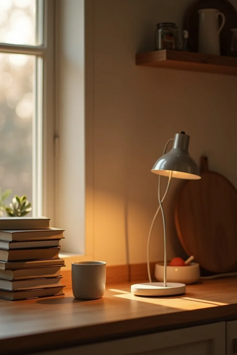 Petite counter lamp beside cookbooks and a matte mug in a warm kitchen