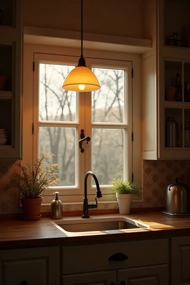 Warm pendant and small lamp lighting a cozy kitchen window nook