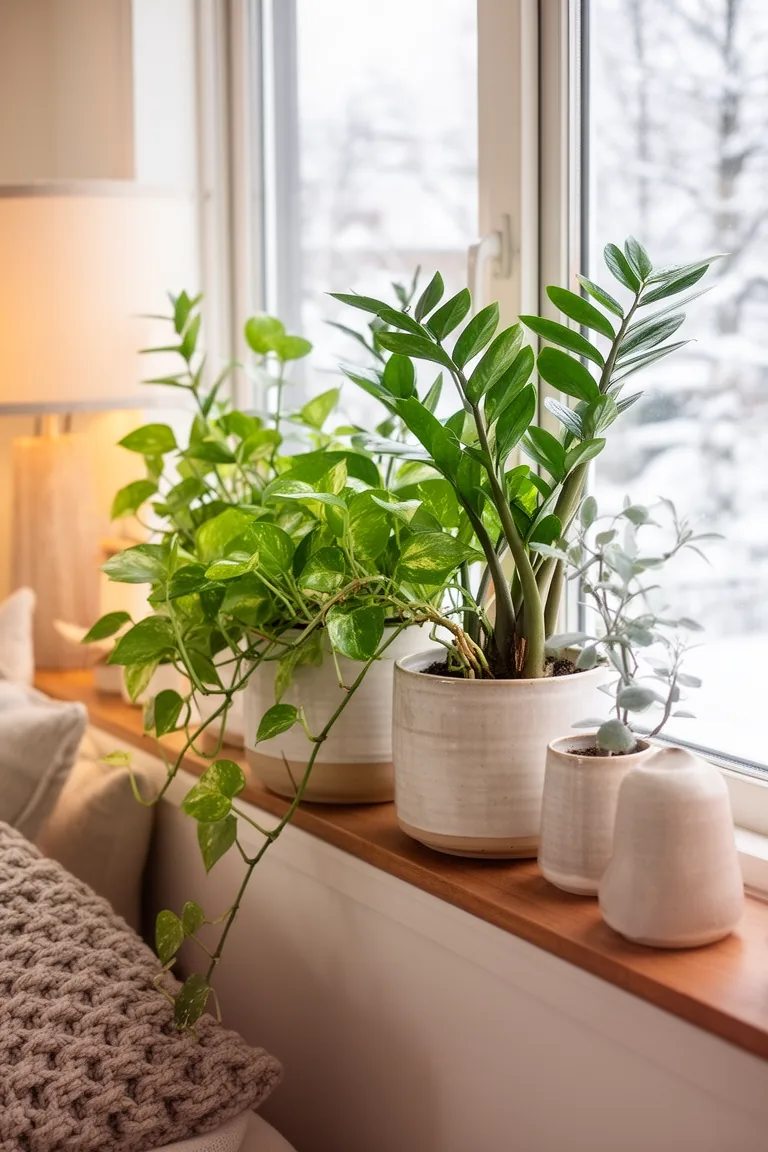 Cluster of pothos and zz plants in ceramic pots on a shelf