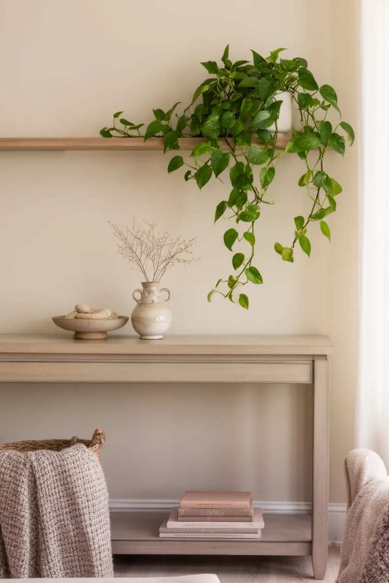 Trailing pothos draped from a shelf above a neutral console