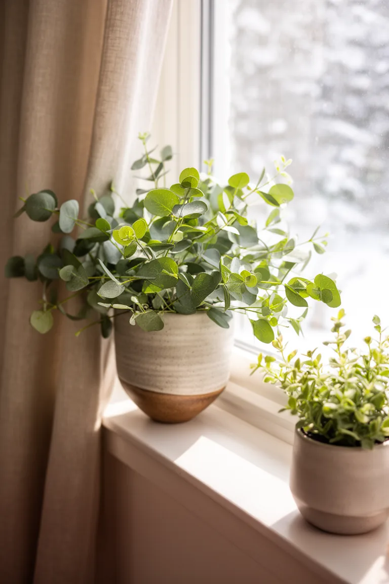 Eucalyptus and a small potted plant on a sunny windowsill