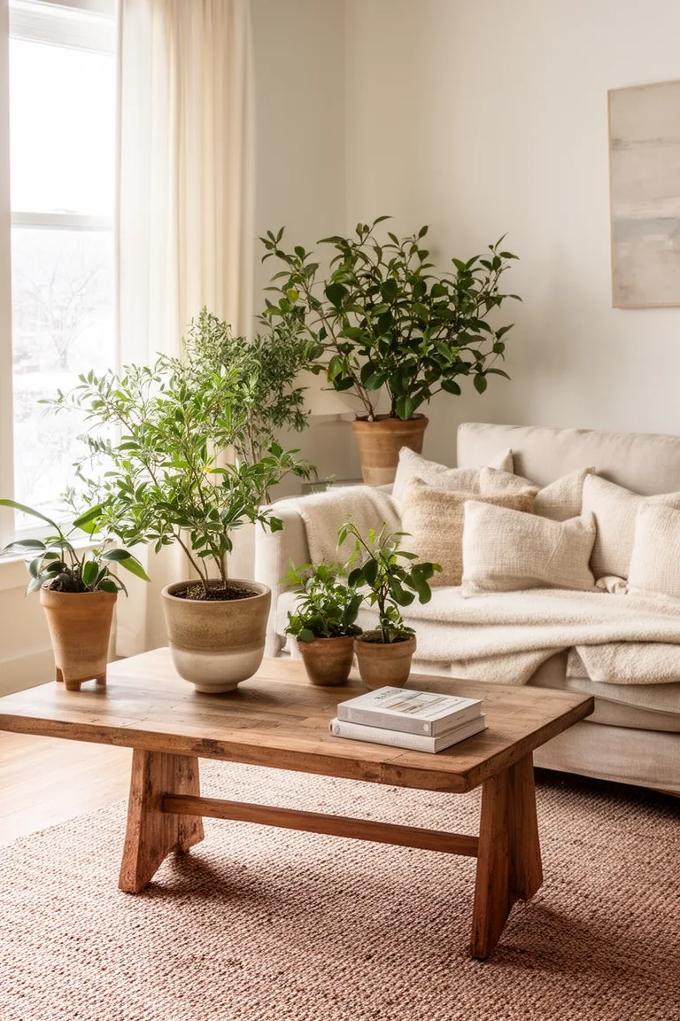 Living room refreshed with several easy indoor plants in earthy pots