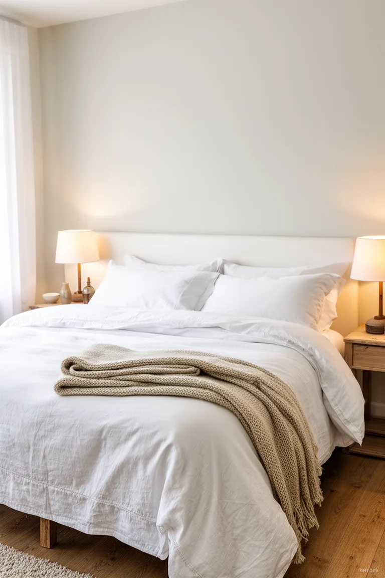 Hotel-style bedroom with white layered bedding and matching lamps