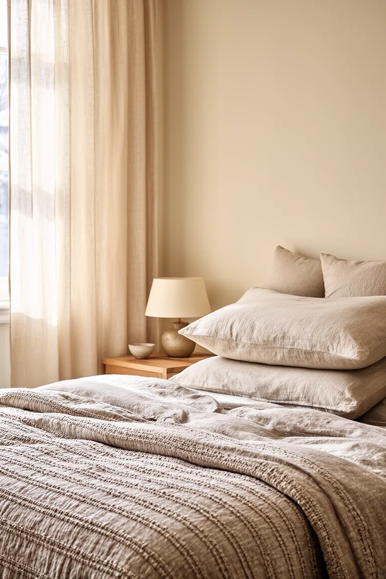 Neutral bedroom with stacked pillows and a textured duvet in soft light