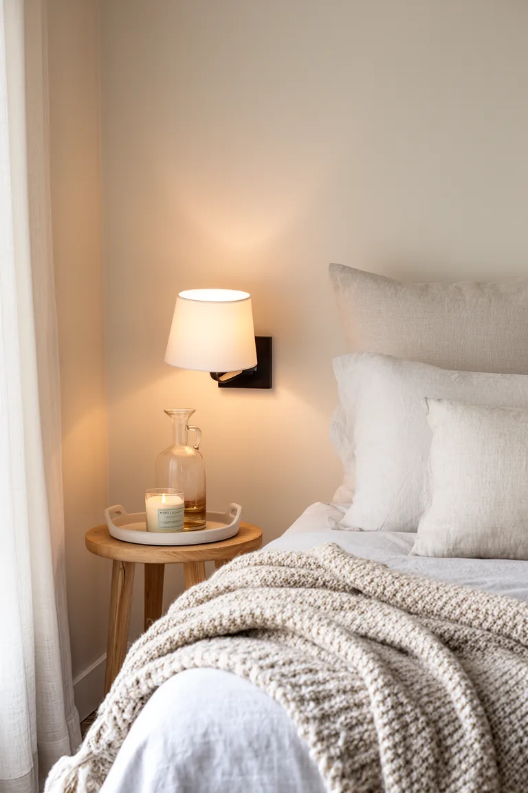Bedside corner with a candle, carafe, throw and warm lamp